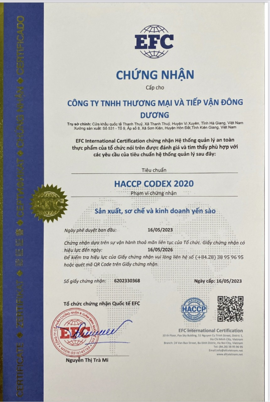 Giấy chứng nhận sản xuất, sơ chế và kinh doanh Yến Xào